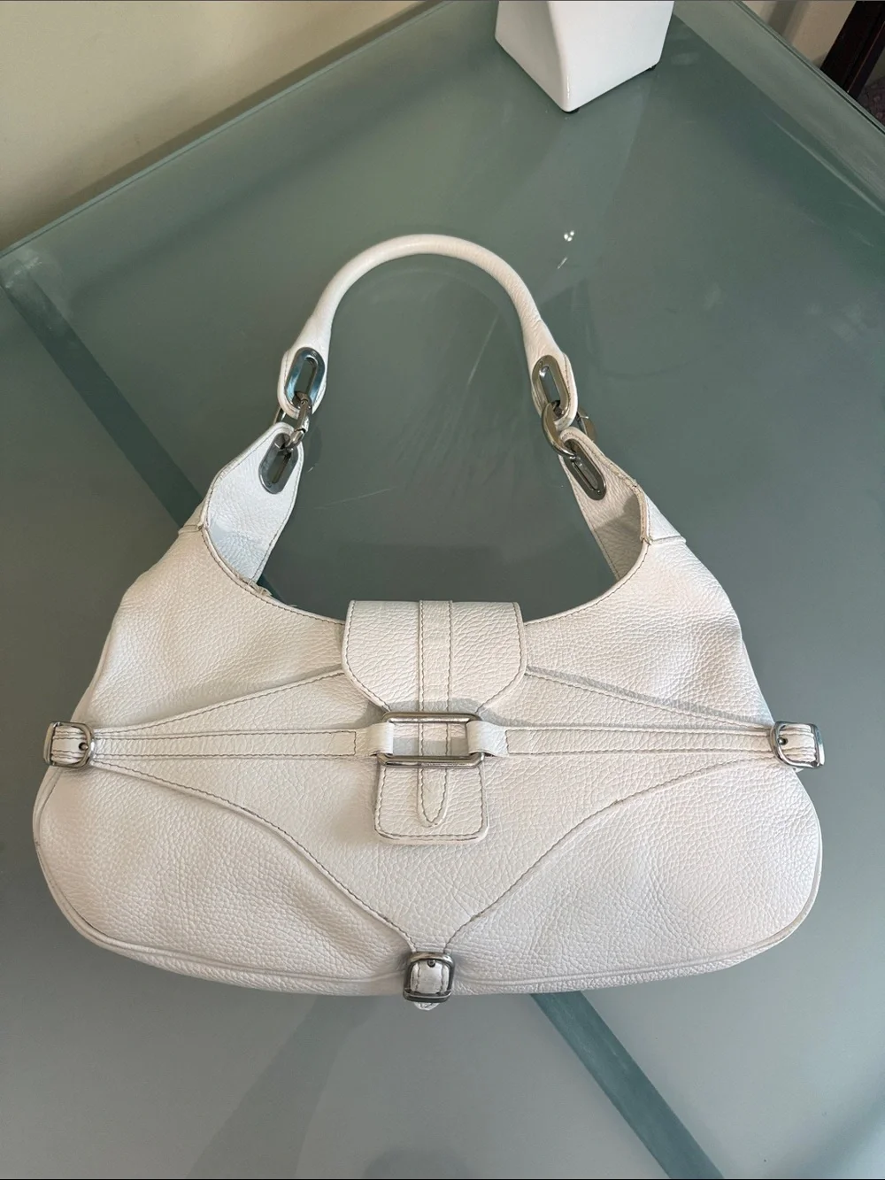 Gula’s White Leather Hobo Bag Made in Italy Silver Hardware Euro Chic Luxury